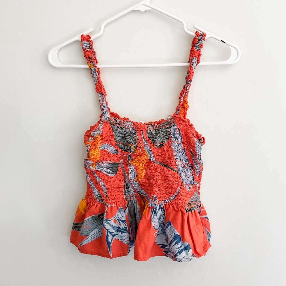 Patrons of Peace Coral Floral Smocked Cropped tank top. Spaghetti Strap. Small